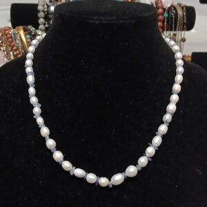 White Freshwater Pearl and Tanzanite 20 Ctw Moon Over Indigo Necklace 18 Inches